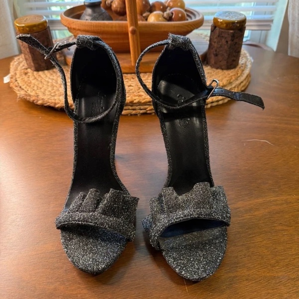Women's Black Glitter Ankle-Strap Heels